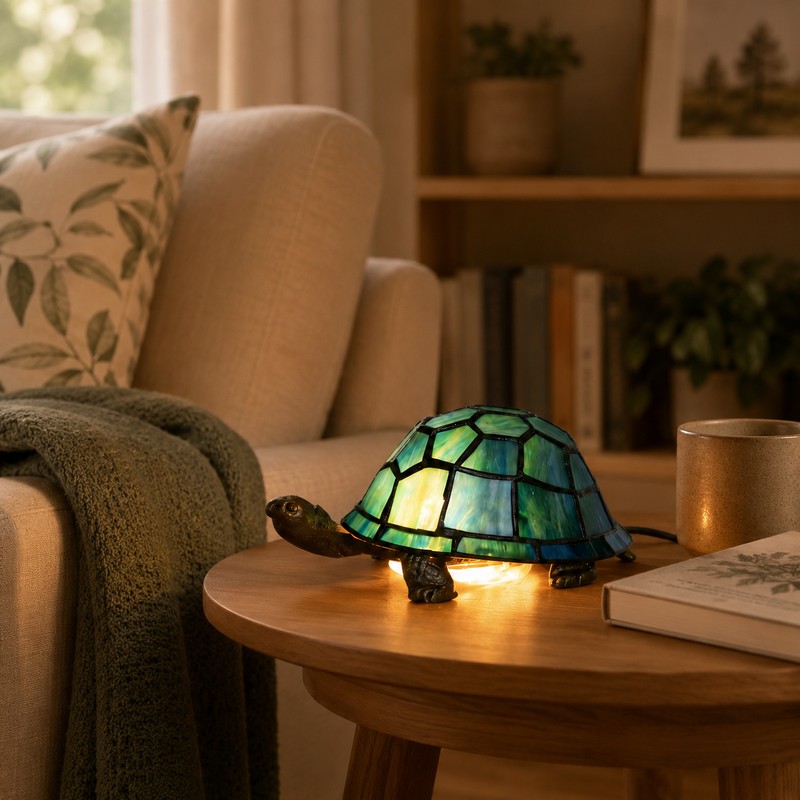 Stained Glass Turtle Table Lamp for Bedside Décor – Blue