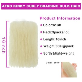 Afro Kinky Curly Braiding Hair for Dreadlock Extensions Repair Locs 3 Packs Synthetic Afro Kinkys Bulk Hair Bundles Micro Spring Afro Twist Hair Bulk for Mini Twist Hair (613#, 16 Inch)