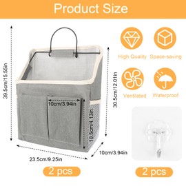 Hanging Organiser, Pack of 2 High Capacity Hanging Storage Organiser with 2 Hooks, Waterproof Wall Organiser Hanging with 4 Pockets, Wall Hanging Pockets for Home, Office, Dormitory, Bathroom (Grey)