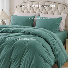 PURE ERA Jersey Knit Duvet Cover Set 100% T-Shirt Cotton Super Soft Comfy 3pc Bedding Set with Zipper Closure (Solid Teal Green, Full)