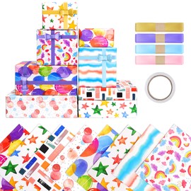 Pack of 8 Children's Gift Wrapping Paper, Rainbow Gift Paper Birthday, Gift Paper Children's Birthday Set with Bow and Tape, Gift Wrap for Girls, Gift Wrap Boy (50 x 70 cm)