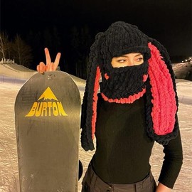UNNQLL Fashion Cute Earflap Knitted Hats Crochet Beanie Warm Snow Ski Bunny Long Ears Fluffy Caps Cosplay Party Adults Women(Rose Red Bunny)
