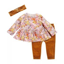 Mud Pie Baby Girl Fall Floral 2 Piece Pant Set w/ Bow Headband  Size 9-12 M NEW