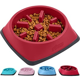 Gorilla Grip Slip Resistant Slow Feeder Dog Bowl, 1 Cup, Slows Down Mealtime, Improve Pets Digestion, Healthy Eating Habit, Prevent Dogs and Cats from Overeating, for Dry, Fresh, Wet Pet Food, Red