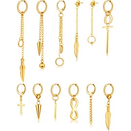 12 Pieces Hoop Dangle Earrings Stainless Steel Dangle Hinged Hoop Earrings Long Chain Pendant Earrings (Gold)