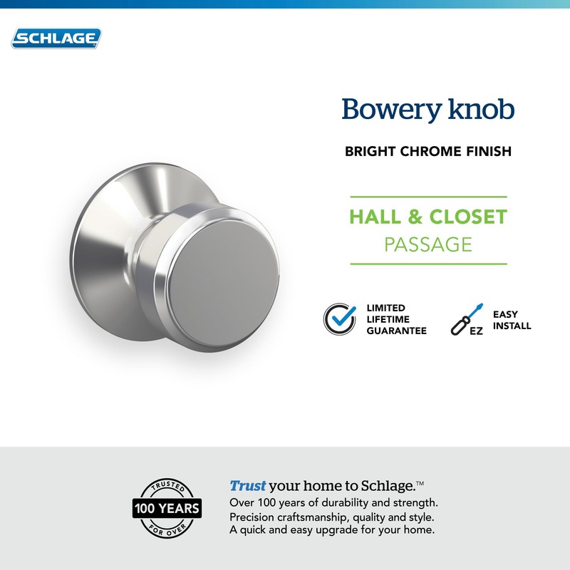 SCHLAGE F10 BWE 625 Bowery Passage Knob, Bright Chrome
