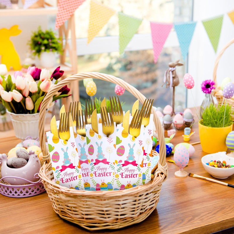 Ireer 100 Pcs Easter Silverware Bags Disposable Paper Cutlery Utensil