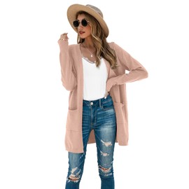 TASAMO Women's Long Sleeve Pocket Knit Ribbed Neckline Cardigans (Small,Pink)