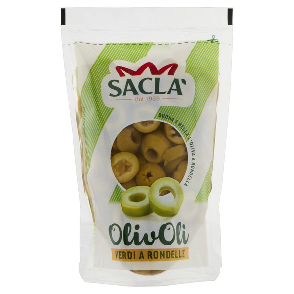 Saclà, OlivOlì Green Olives with Rondelle, Ideal for Salads and Enriching Your Dishes, Bag, 185g (85g Drained)