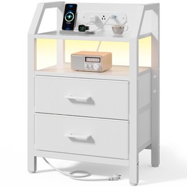 HLDIRECT Nightstand with Charging Station, USB Ports and AC Outlets, LED Night Stand with 2 Fabric Drawers & Storage Shelf, Bedside Table for Bedroom, End Table (White)