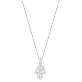 Tuscany Silver Women's Sterling Silver Rhodium Plated 1 mm Cubic Zirconia 12 x 17 mm Hamsa Hand Pendant Curb Chain Necklace of Length 46 cm/18 Inch