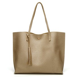 Dreubea Women's Soft Faux Leather Tote Shoulder Bag from, Big Capacity Tassel Handbag Golden