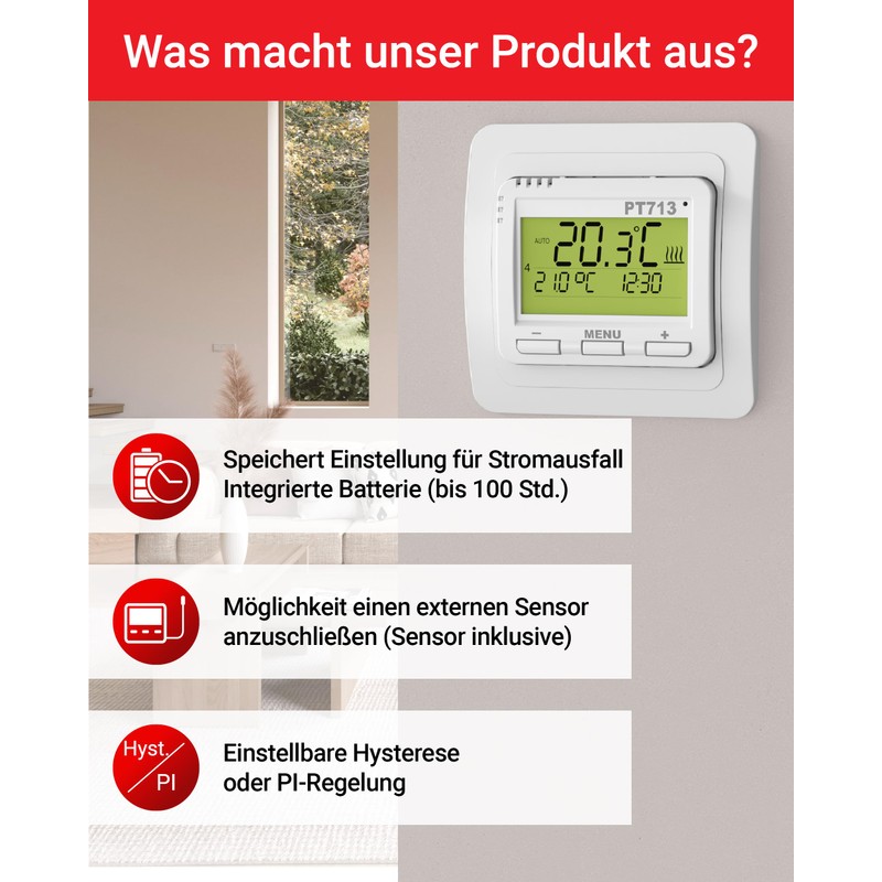 ELEKTROBOCK PT713-EI Digital Wall Thermostat - Programmable - LCD Display