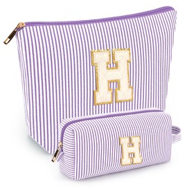 2 PCS Initial Makeup Bags for Women: Cosmetic Bag for Travel Toiletry - Birthday Gifts for 11 12 13 14 15 16 17 18 Years Old Girl Graduation Teacher Gift- Teen Girl Gifts Trendy Stuff - Purple H