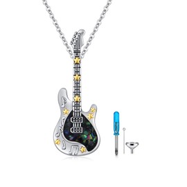 OHAYOO Guitar Necklace Sterling Silver Guitar Urn Pendant Chain Punk Music Ash Necklace Guitar Keepsake Jewellery for Women Men Music Lovers, Standard, Sterling Silver, Abalone