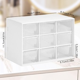 2Pcs Mini Plastic Drawer Organiser, Desk Storage Organizer with 9 Drawers Stackable Clear Plastic Box Desktop Drawer Organizer for Storing Jewellery Pins Screws and Small Parts (White)
