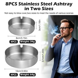 Set of 8 Stainless Steel Ashtrays, Round Stainless Steel Diameter 8/10 cm, Table Ashtray Made of Metal, Portable Metal Set for Indoor and Outdoor Use, Home and Office