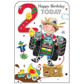 Jonny Javelin Boy Age 2 Birthday Card -Tractor Farm Animals