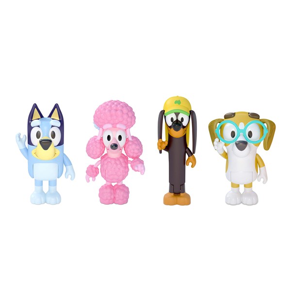 Bluey and Friends 4 Pack of 2.5-3" Poseable Figures, Including Bluey, Snickers, Coco, & Honey