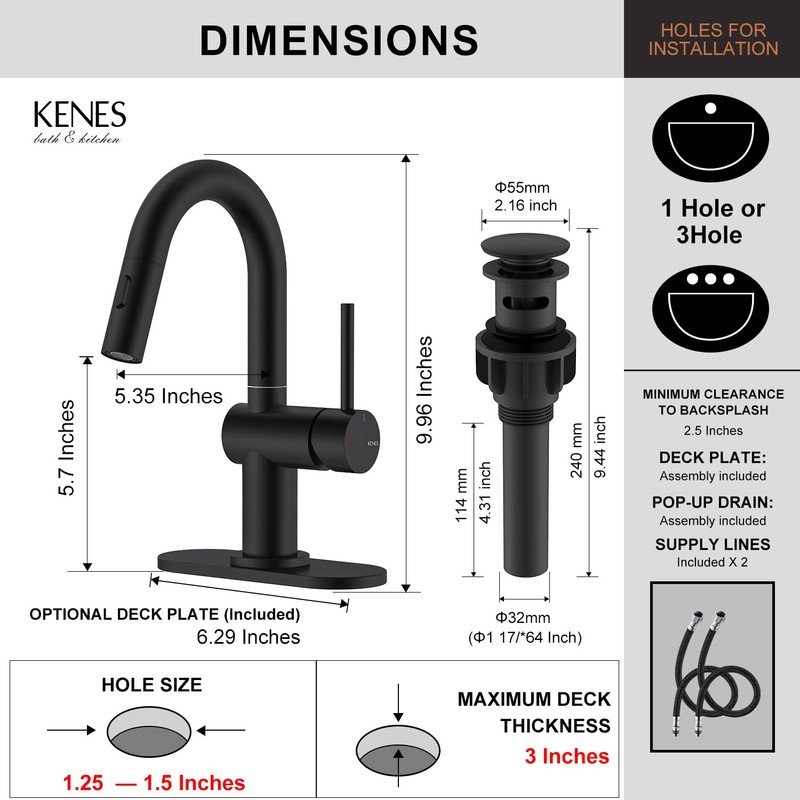 KENES Pull Down Bathroom Faucet with Sprayer, Matte Black Single