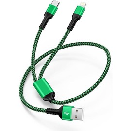 4FT Coiled  2-in-1 USB to Lightning/Type C Phone Car Charger Cord for i Phone 16 Pro Max/15/14, Galaxy S25/S24/S23 -Not Compatible with  CarPlay Android Auto or Data Transfer - Color: Green