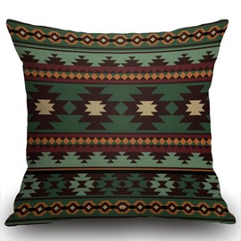 Smooffly Cotten Linen Cushion Cover Southwest Tribal Green Brown Decorative Square Throw Pillow Case Pillowcase for Couch Livingroom Sofa Bed 45cm x 45cm,18x18 Inches