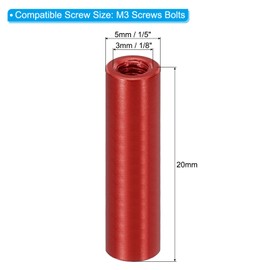 PATIKIL 12pcs M3 Metal Threaded Standoff Spacer Nuts, Round Aluminum Spacers Female Coupling Screws, 1/8" ID x 3/16" OD, Red, (20mm L)