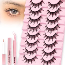 Ahrikiss Lashes Manga Lashes Natural Look Anime False Eyelashes 8 Pairs Faux Mink Lashes Kit with Lash Glue and Lash Tweezers Soft Wispy Fake Eyelashes Cosplay Spiky Strip Lashes (Comic Kit)