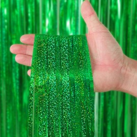 Picoway 4 Pack Green Laser Foil Fringe Tinsel Backdrop Curtains, Baby Shower Jungle Dinosaur Birthday Party Decorations, Photo Booth Props Door Streamers Curtain Christmas Decor