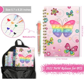 Pop Notebook for Kids, Fidget Girls Diary Journal 8.3x5.7 Inches 160 Lined Pages with 6 Multicolor Pen Spiral Journal for Teenage School Writing Drawing Pop Butterfly It Gifts Stuff Age 6 8 10 12