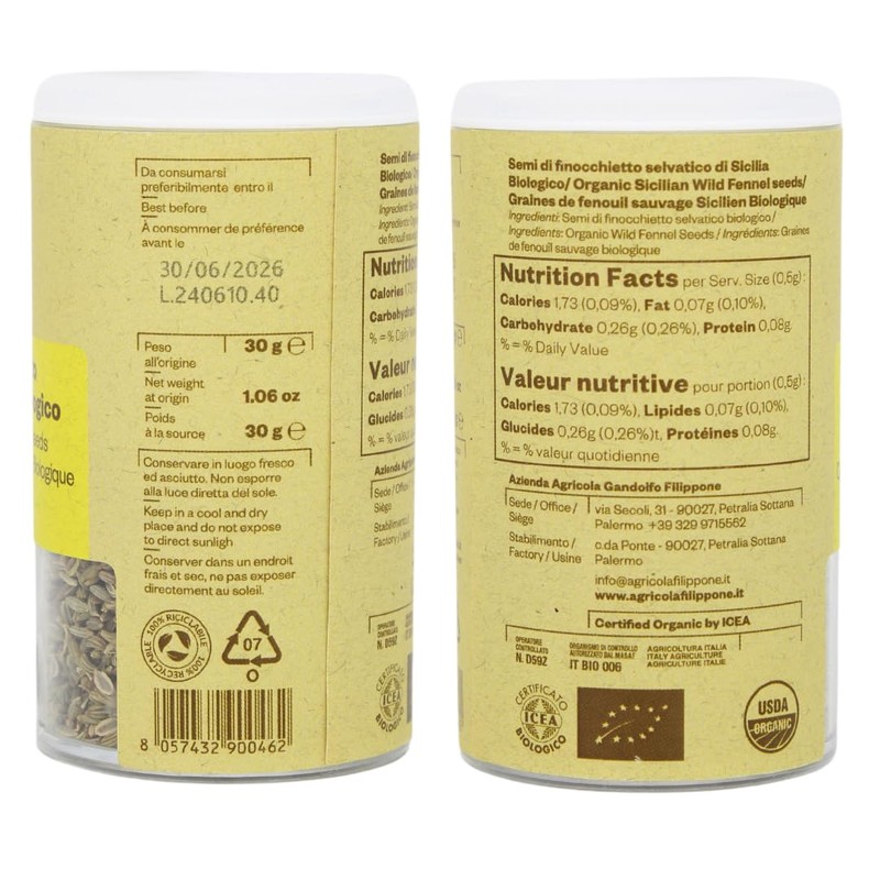 FILIPPONE - Organic Sicilian Fennel Seed, 1.06 oz, Saunf, Sweet