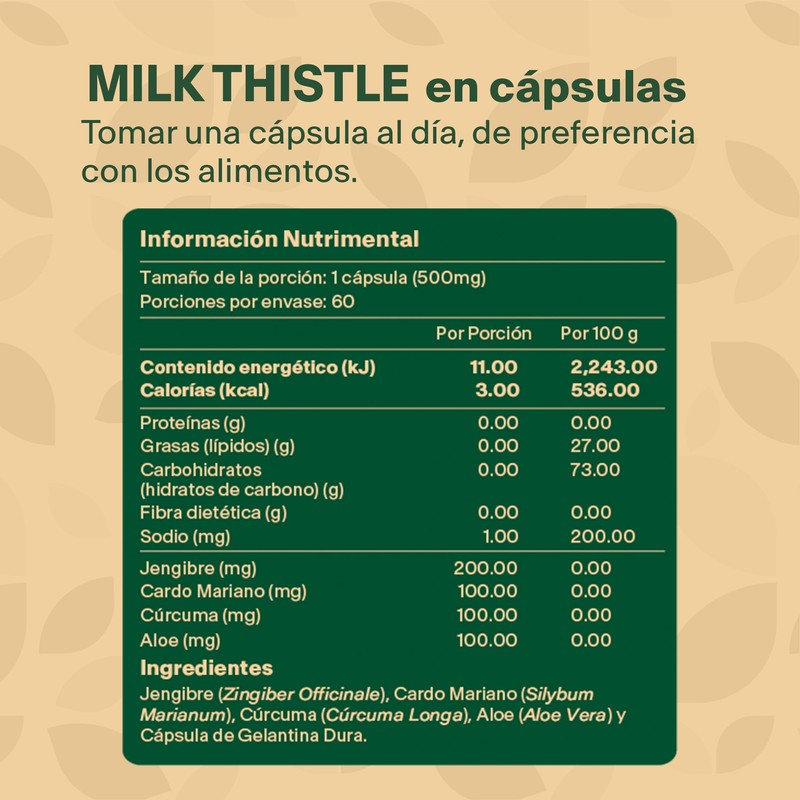 Milk Thistle. Cardo Mariano, Aloe Vera, Curcuma y Jengibre. Con