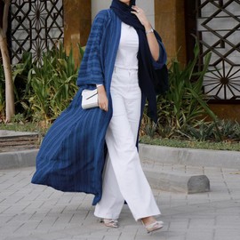 Abaya Dress For Women Cardigan Robe Muslim Clothes Long Sleeve Stripe Open Front Kaftan Dress Loose Kimono Middle East Ethnic Shirts Dress Eid Ramadan Tight Knot Corban Navy Blue Long Cardigan S