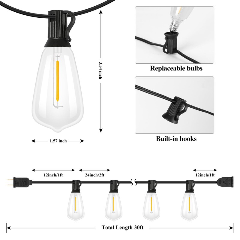 Brightever 30FT LED Outdoor String Light with 16 ST38 Vintage