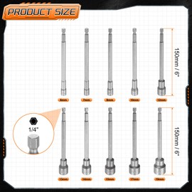 sourcing map 10pcs Nut Driver Drill Bit 6-19mm Metric Impact Socket 1/4" Hex Shank 6" (150mm) Extra Long Magnetic 6-Point Sockets Quick-Change CR-V Steel Bolt Setter for Power Drill Drivers