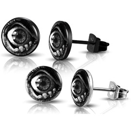 SIISPRI 316L Surgical Stainless Steel Evil Eye Earrings Round Circle Button Stud Post Earrings 10MM (black+silver)