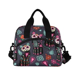 UOYO Lunch Bag Sugar Skull Flower Cat Lunchbox Organizer Insulated Waterproof Men Women Tote Cooler Handbag Adjustable Shoulder Strap for kids Girls Boys School Office Picnic