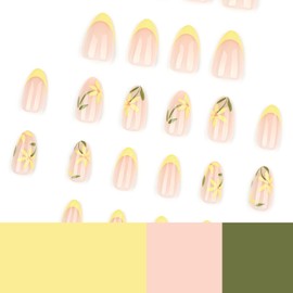 Summer Press on Nails Short Almond Flower Fake Nails French Tip False Nails with Yellow Floral Designs Acrylic Nails Summer Glue on Nails Glossy Short Artificial Nails Stick on Nails for Women