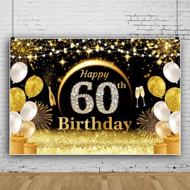 ASDCXZ 60th Birthday Background Black Gold 2.2 x 1.5 m, 60th Birthday Decoration Banner Photo Wall Background, Vinyl Photo Box Background for 60th Birthday Women Photo Shoot, Party Backgrounds