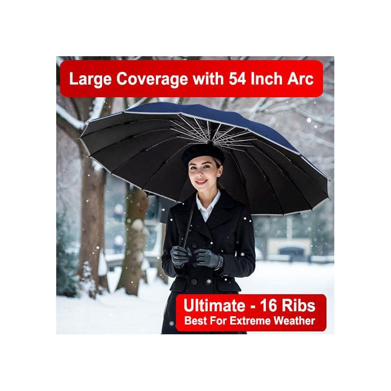 Ultimate Windproof Inverted Travel Umbrella 16 Rib with Reflective Edges,