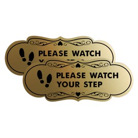 Señal de Designer Please Watch Your Step (huellas) (oro cepillado), mediano (paquete de 2)