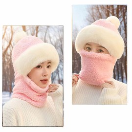 One-Piece Hat Womens Winter Warm Elastic Soft Ear Protection Knitted Scarf Mask Hat Fleece Lined Beanie Hat, H-pink, One Size