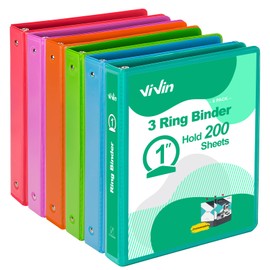 ViVin 1 Inch Round Ring View Binder for Durability, Standard 3 Ring Binder for 200 Sheets of US Letter Size Paper, PVC-Free, 6-Pack (Assorted)