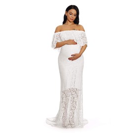 ZIUMUDY Women's Off Shoulder Ruffles Lace Maternity Gown Maxi Photography Baby Shower Dress (XX-Large, White)