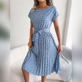IDOPIP Women's Blue Floral Midi Dress Summer Casual Chiffon Flowy Formal Wedding Guest Dress 2024 Trendy Vacation Pleated Swing Dress Elegant Evening Party Sundress S-XL