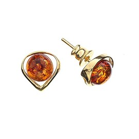 Artisana Jewellery Amber Earrings Elegant Heart Shaped Stud Earrings Made of Amber and Gold-Plated 925/000 Sterling Silver, Gold-plated 925/000 sterling silver Baltic Amber, Amber