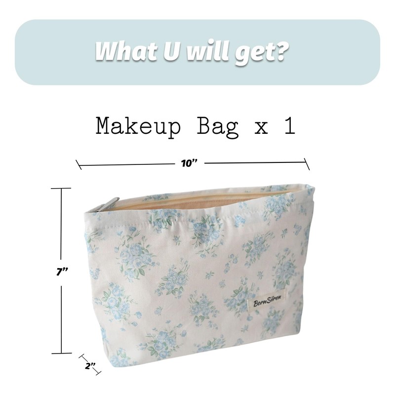Blue Floral Makeup Bag,Cosmetic Bag for Women, Large Capacity Toiletry