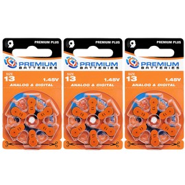 Premium Batteries Size 13, PR48, P13, ZA13 1.45V Zinc Air Hearing Aid Batteries Orange Tab (18 Batteries)