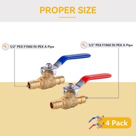 GUOFIS 1/2 Inch PEX Expansion Ball Valve,4 Pack(2 Red/Hot and 2 Blue/Cold) Brass Shut Off Valve,F1960 PEX A Expansion Ball Valve for Potable Water