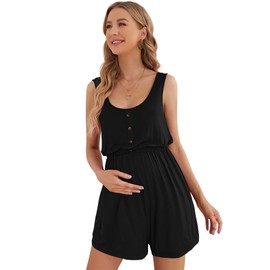 Verdusa Women's Maternity Scoop Neck Button Front High Waist Tank Romper Black L